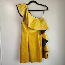 ASOS Velvet One Shoulder Ruffle Mini Dress Mustard Yellow Womens Size 8