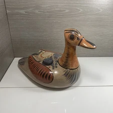Vintage Tonala Mexican Folk Art Pottery Hand Painted Large Duck Figure 12x7x5.5”