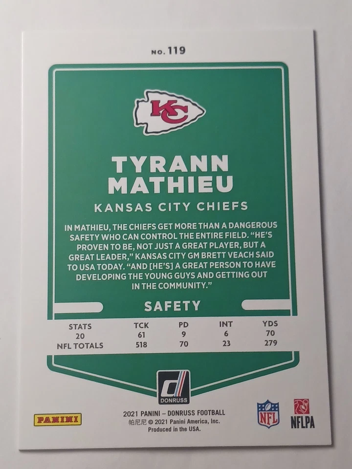 2021 Donruss #119 Tyrann Mathieu Black Press Proof /10 - Image 2 of 2