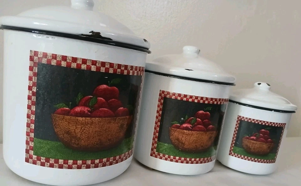 винтажный набор канистр для кухни Apple эмалированная посуда 3 шт. фермерский дом деревенский декор - Изображение 4 из 4