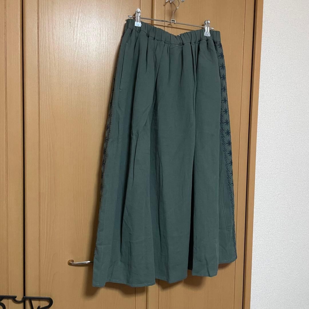 Ichi Ichi Skirt Green Cotton Linen Embroidery Flare New With Tags