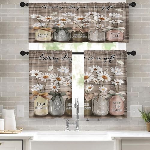 Farmhouse Floral Kitchen Window Curtains Valance 52"W x 36"L (Pack of 3) Daisy