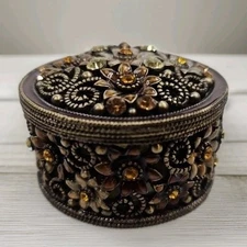Rhinestone Pewter 2" Round Trinket Box Stunning Granny Core Kitsch 