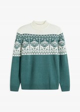 Norweger-Pullover mit Stehkragen Gr 60/62 XXL Wollweiß Graugrün Herren Pulli Neu