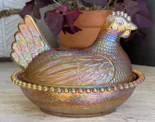 RARE Vtg Indiana Glass 7” Hen on Nest Golden Carnival Amber Iridescent  MINT HON