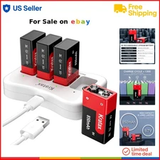 Rechargeable 9V Lithium-ion Battery Pack 850mAh 4 Pack Fast Charger Long-Life