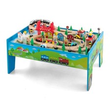 80 PCS Kids Wooden Train Track Railway Playset Activity Table W/ Storage Drawer