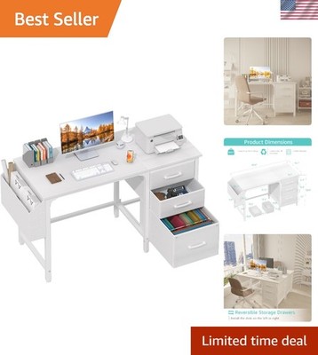 White Desk with File Drawers Cabinet, 47 Inch Reversible Computer Desk with F...