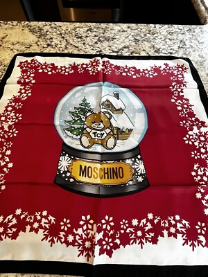 NEW MOSCHINO Holiday 100% Silk Red/Black Silk Square Bear In A Snow Globe