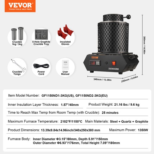 VEVOR Horno de fusión de oro 1350W Horno de fusión digital eléctrico, Negro - Imagen 7 de 12