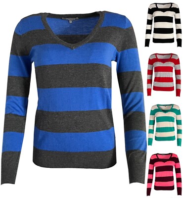Wow Couture Striped V-Neck Long Sleeve Knit Wear Sweater  S ~ L