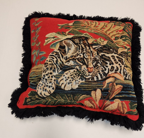 2 VTG Jungle Cat Leopard Tropical Tapestry Fringe Trim Double Sided Throw Pillow - Picture 13 of 23