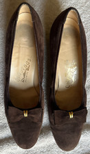Salvatore Ferragamo shoes 1960s vintage suede heel brown bow original box 8 1/2