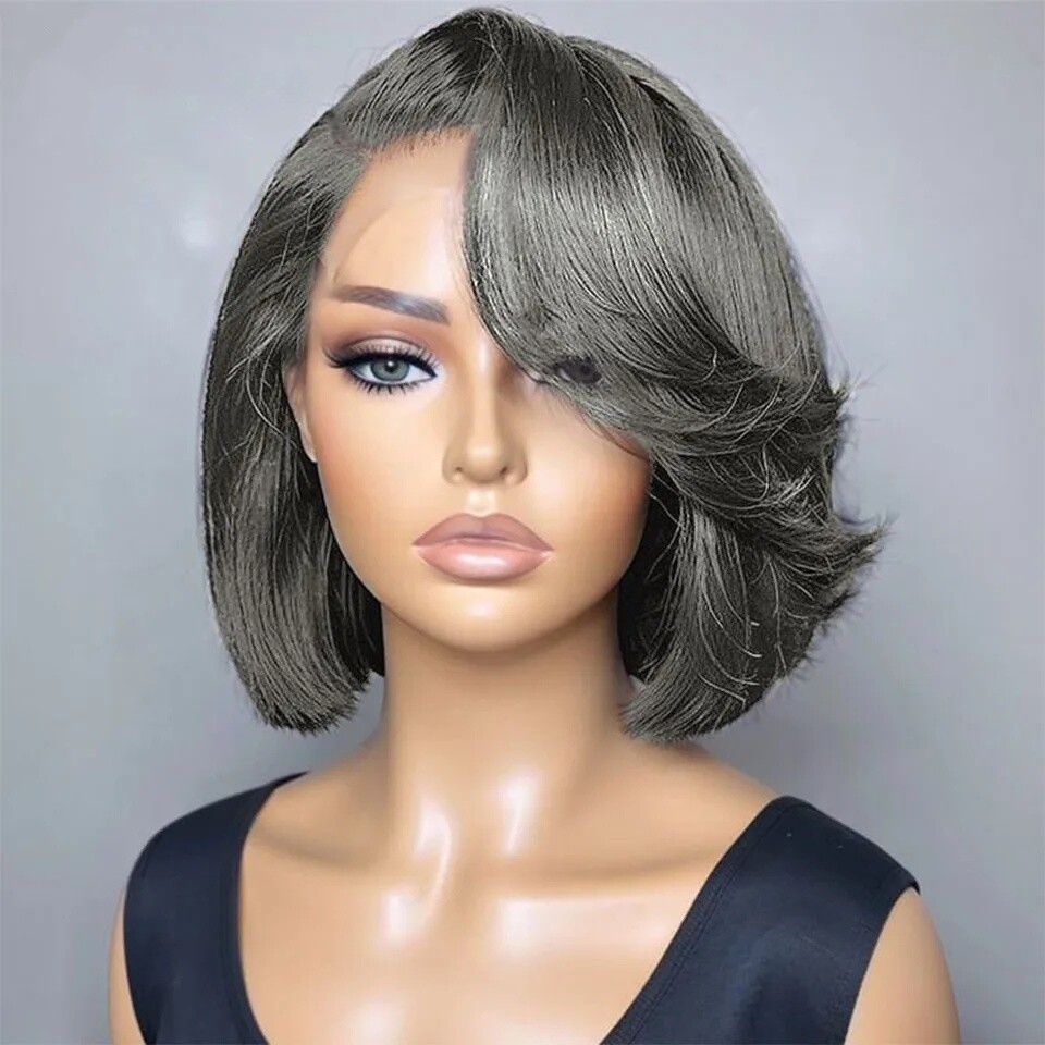 Grey Human Hair Short Bob Wig 13X4 Lace Frontal Wig for  display picture 1