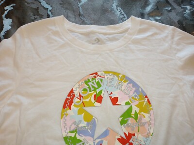 Converse Ladies T Shirt M White Multi Coloured Logo Chuck Taylor Short Sleeve 