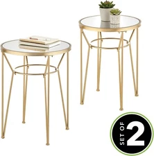 Set of mDesign Round Metal Accent Tables w Hairpin Decorative Legs & Mirror Tops