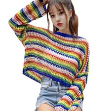 Femme Lolita Rayures Arc en Ciel Haut Tricoté T-Shirt Pull Creusé Chemisier Vrac