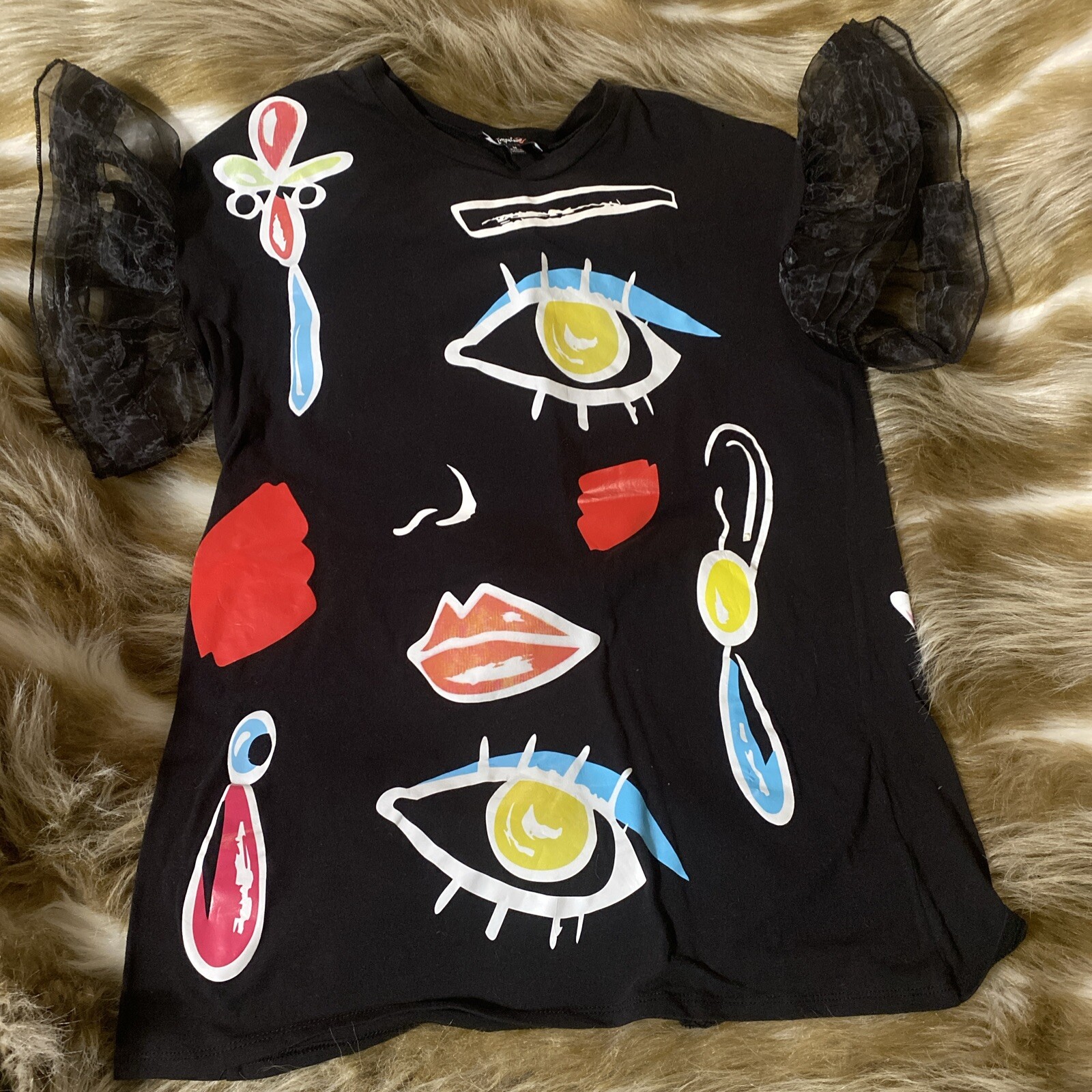 VTG Abstract Art Top with Sheer Ruffle Sleeves Medium AOP Wearable Art