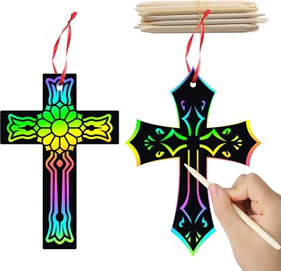 60Pcs Scratch Cross Ornaments, Magic Art Color Craft Kit for Kids Scratch Party