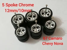 5 SPOKE CHROME CUSTOM WHEELS RUBBER TIRES 3 SETS 1/64 SIZE 67 CAMARO WHEELS