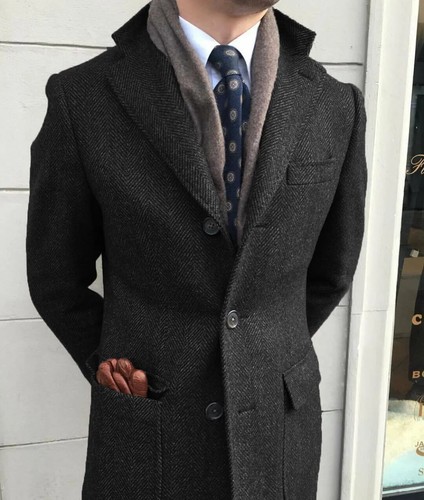 Men's Windbreaker Classic Herringbone Wool Jacket Winter Warm Outdoor Long Coat - Picture 16 of 21