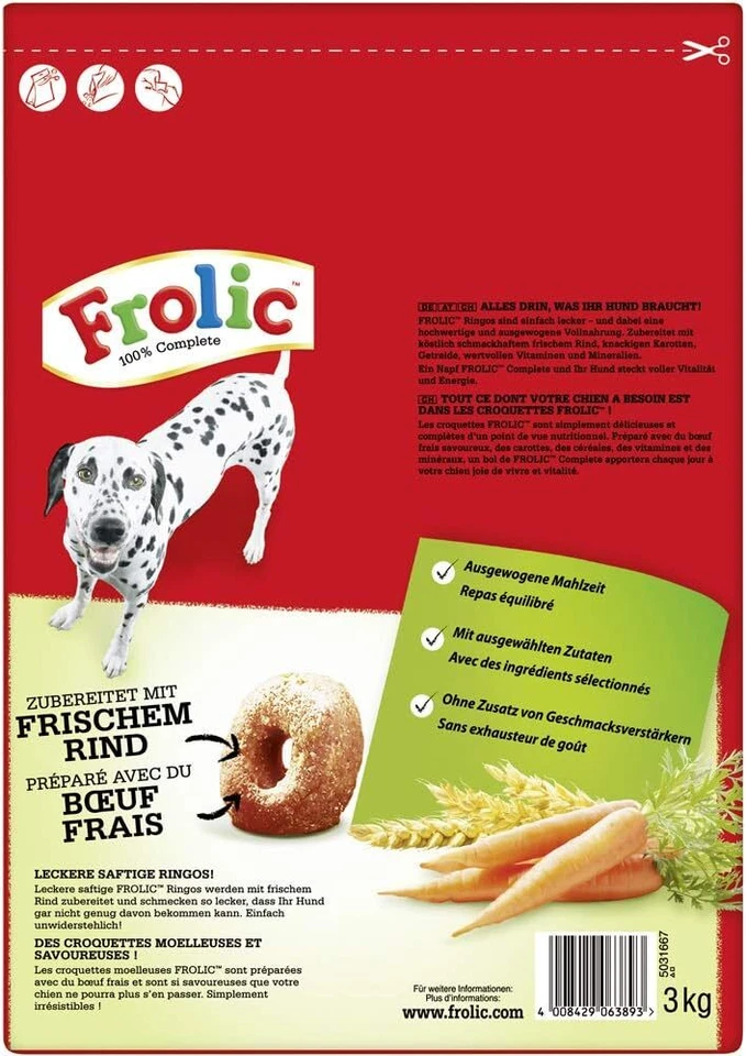 Frolic Hundefutter Trockenfutter mit Rind, Karotten Getreide, 3 Beutel (3 x 3kg) - Bild 2 von 4