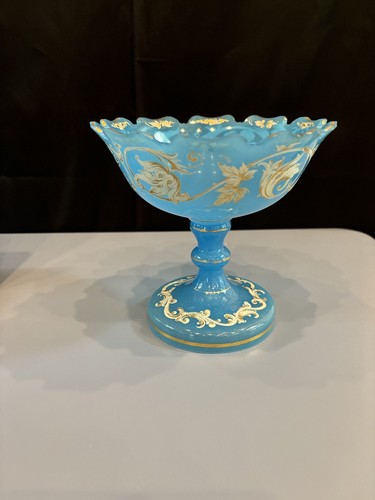Beautiful Translucent Blue Glass Art Compote W/ White & Gold Flower Art 6"H - Picture 2 of 5