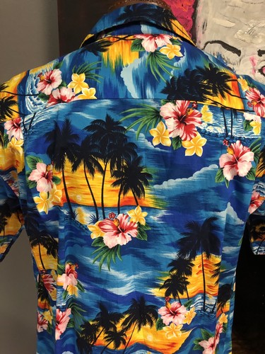 Camisa hawaiana leyenda del Pacífico ropa extra grande palmeras floral puesta de sol - Imagen 7 de 10