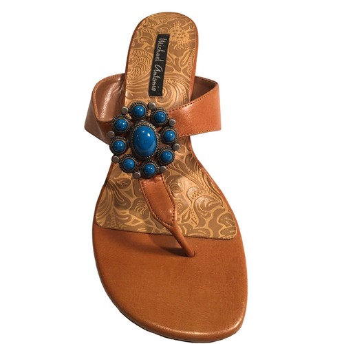 Michael Antonio Brown Thong Sandal Heels Shoes Teal Gold Jewelry Embellishment - Picture 7 of 24