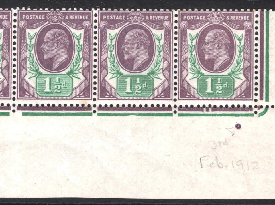 GB KEVII SG Spec M10(8) 1½d Pale Slate-P' (F) (1912) SOM Corner Strip MNH SS3213 - Image 4 of 4