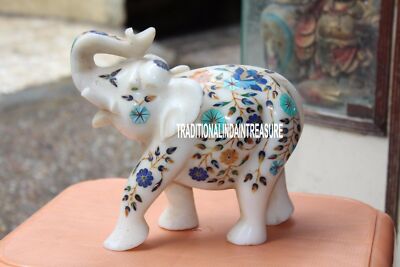 10'' Rare Sculpture White Marble Elephant Pietradure Work Inlaid Marquetry Decor