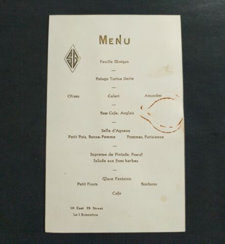 VINTAGE EMBOSSED MENU RESTAURANT ~ SB ~ 10 EAST 79 STREET