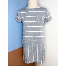 Lou & Grey 100% Linen Blue White Striped Drop-Waist Shift Mini Dress Women's XS