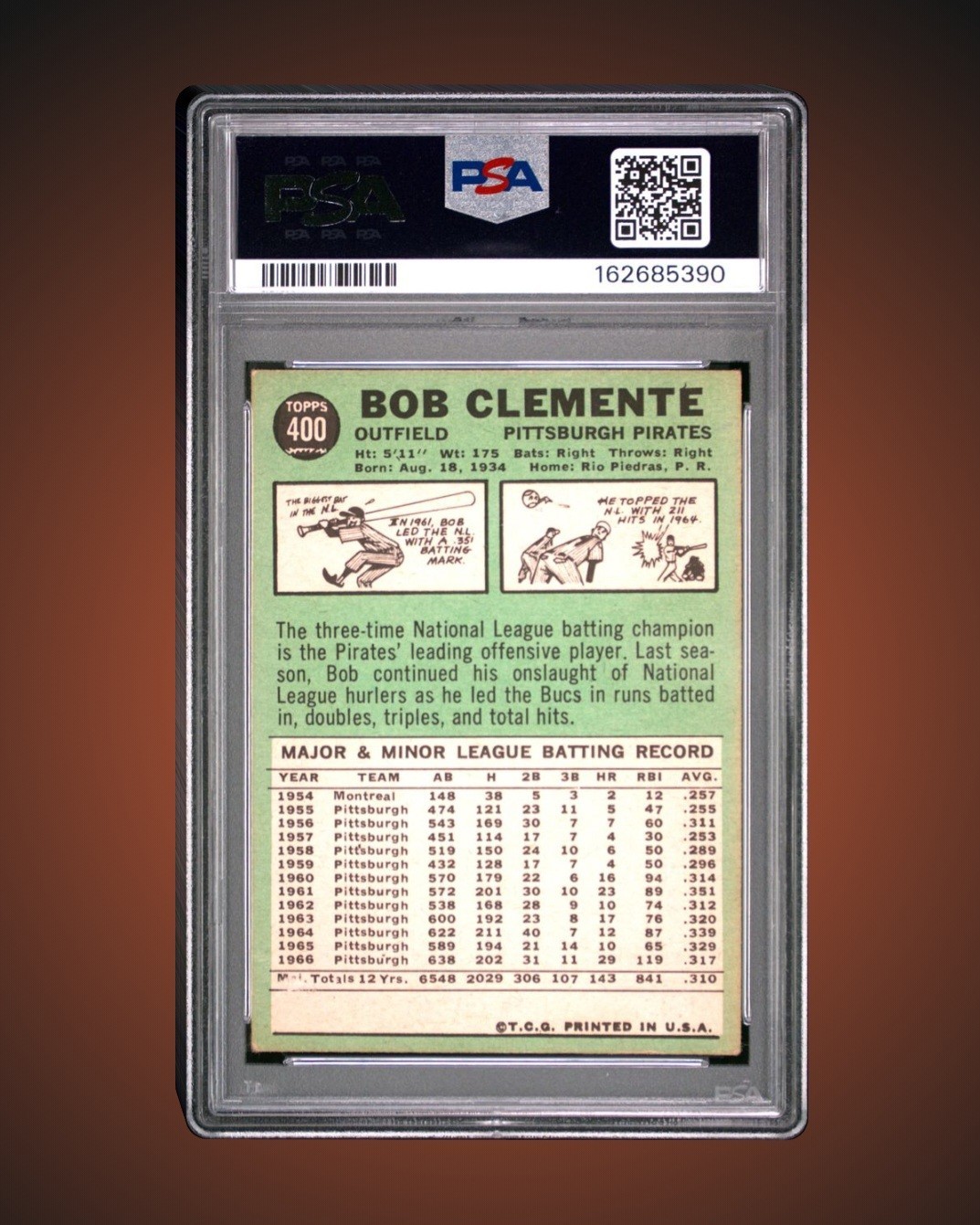 ROBERTO CLEMENTE 1967 Topps #400 Pirates HOF - Good Centering - New Slab - PSA 3 view 2