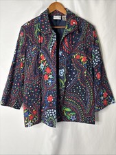 Alfred Dunner Womans 20 Blazer Top Blue Floral Cotton Blend 3/4 Sleeve Open