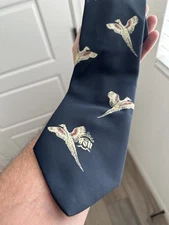 Vintage Oleg Cassini Tie Buffums 1960s Blue Gold Pheasant Embroidered 4”