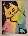 ACEO Original Signed Colorful Stars Space Owl Bird Sky Shiny Gold Rainbow — photo 1