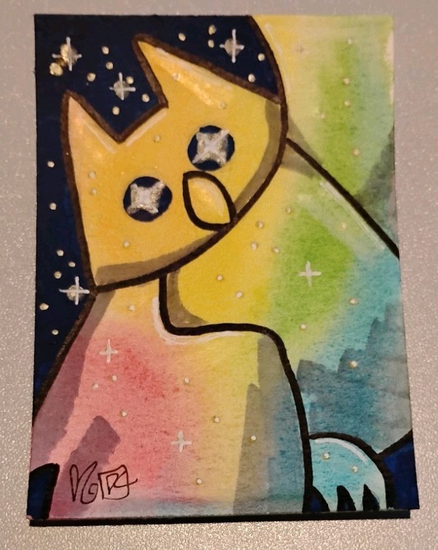 ACEO Original Signed Colorful Stars Space Owl Bird Sky Shiny Gold Rainbow