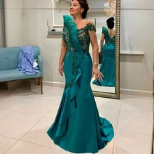 Elegant Mother of the Bride Dresses Hunter Mermaid Lace Beaded Short Sleeves