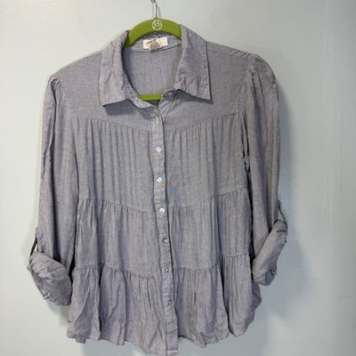 Love Notes Blue White Striped Tiered Button Down Shirt Womens Medium Roll Tab