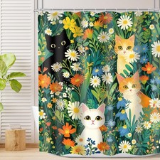 Funny Cute Cat Shower Curtain for Kids 60Wx72H Spring Colorful Floral Bathroo...
