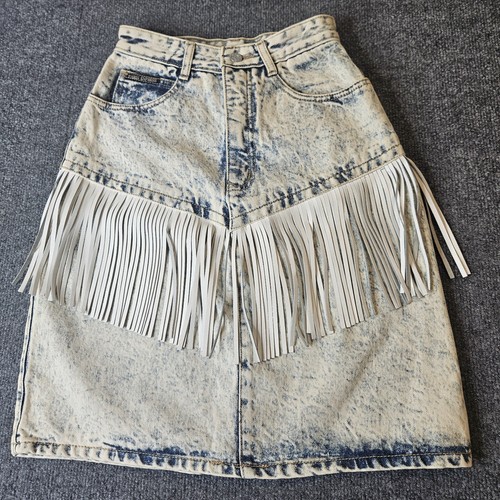 Vintage Paris Express Fringe Denim Skirt Acid Wash Cowgirl Festival Size 5