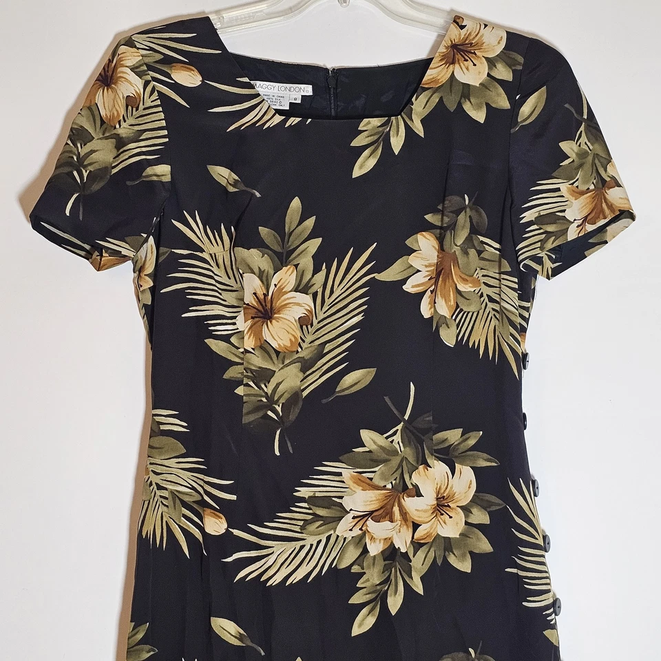 Maggy London Dress Womens 8 Silk Floral Midi Short Sleeve Button Slit Lined - Image 2 of 4
