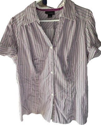 LANE BRYANT WOMEN'S BLOUSE / TOP SZ 18 SS SLEEVE BUTTON DOWN Strips Purple Black