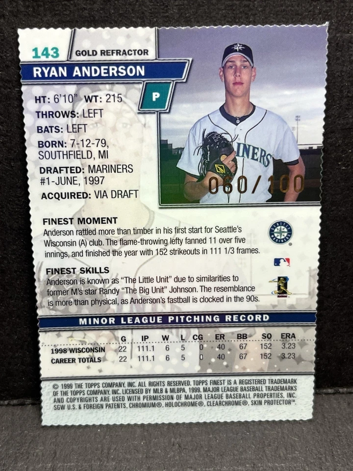 1999 Topps Finest Ryan Anderson Rookie Gold Refractor /100 W/ Coating #143 - Image 2 of 3