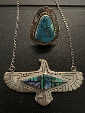 Navajo jewelry- Sterling Silver Turquoise Stone Ring, Eagle Necklace Included
