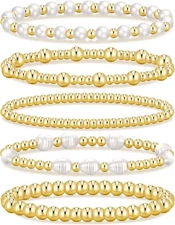 Gold Pearl Beaded Enewton Style Bracelets for Women,Gold Pearl Stackable Stretch
