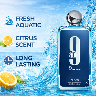 Afnan 9AM Dive Eau De Parfum 100ml 3.4oz Men Fresh Aquatic Citrus