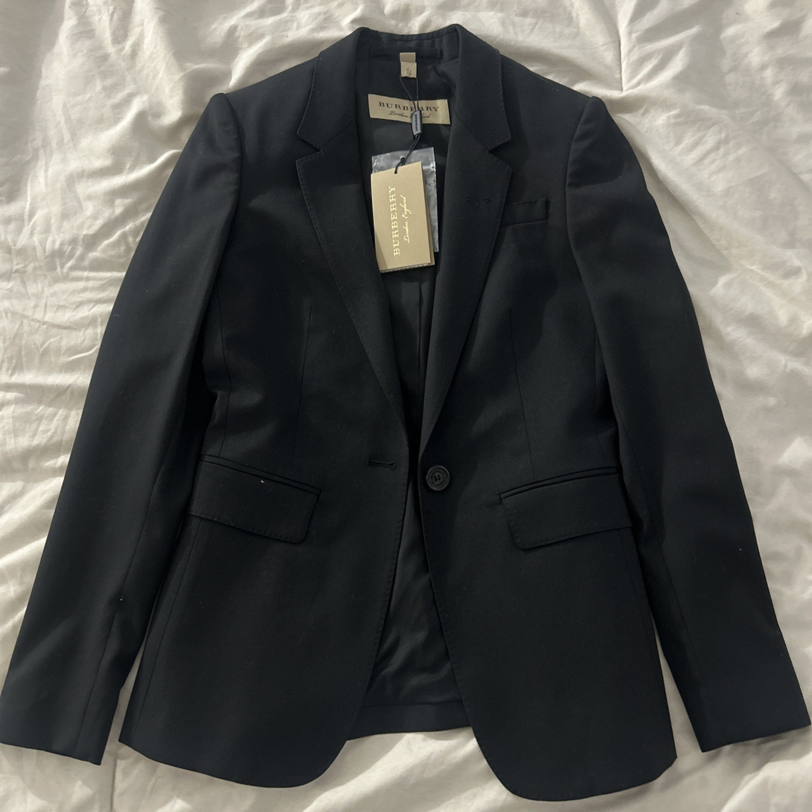 Burberry London Black Wool Blazer with Pleated Back Detail Women's Size US0