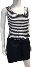Loft Short Summer Dress Navy Striped Casual Linen Cotton Pockets SZ S/M